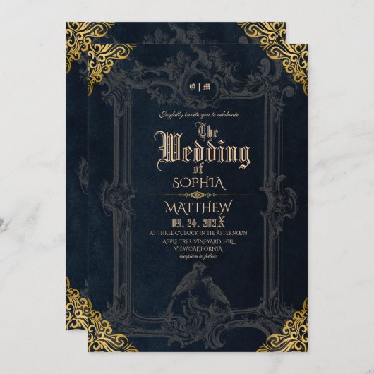 Royal Black Gold Fantasy Medieval Wedding 招待状 (正面/裏面)