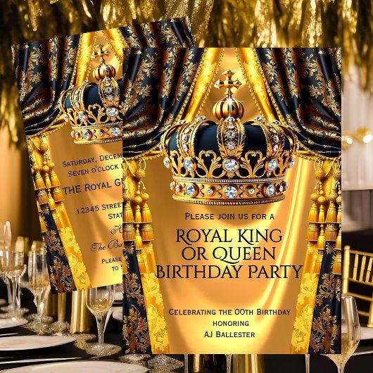 Royal Black Gold King Queen Crown Birthday Party 招待状