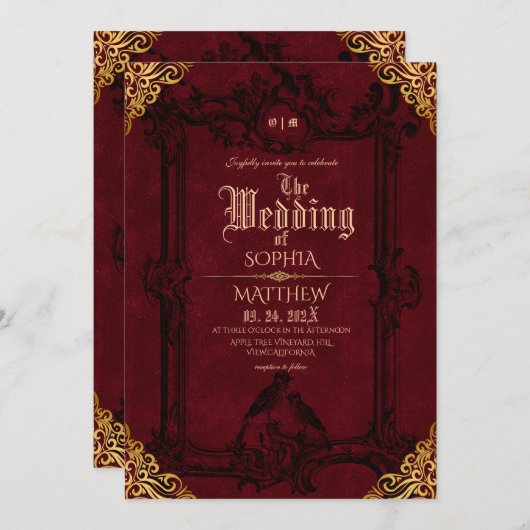 Royal Black Red Fantasy Medieval Wedding  招待状 (正面/裏面)