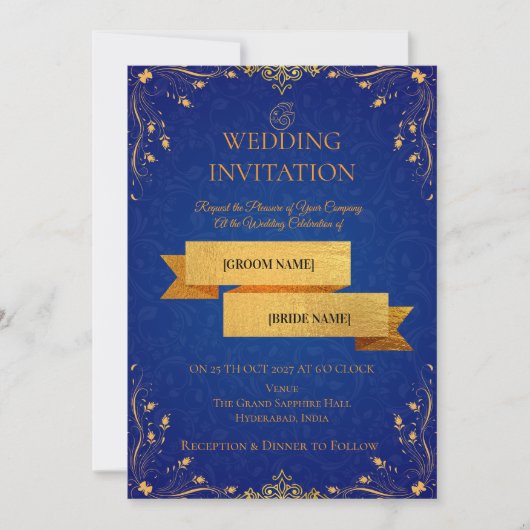 Royal Blue and Gold Corner Wedding Invitation | 招待状 (正面)