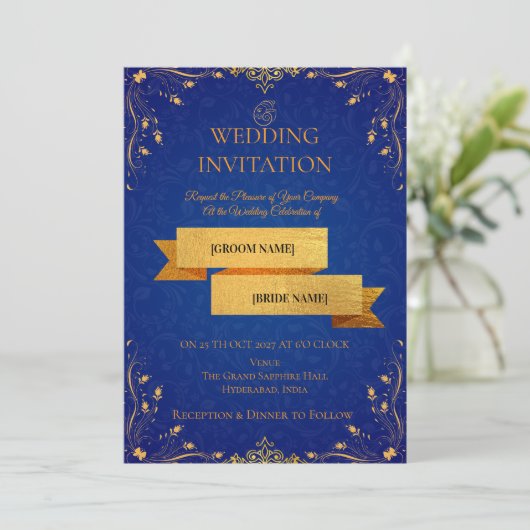 Royal Blue and Gold Corner Wedding Invitation | 招待状 (スタンド正面)