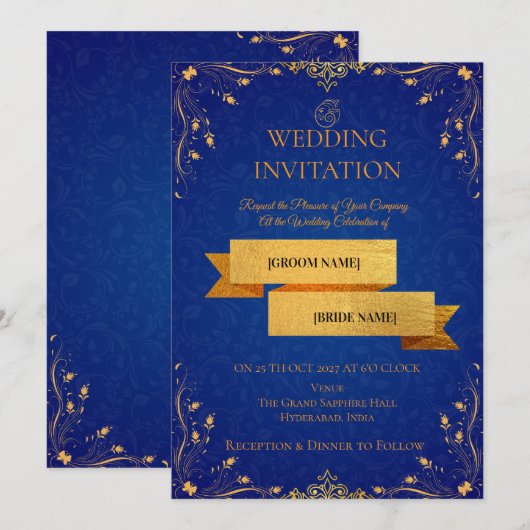 Royal Blue and Gold Corner Wedding Invitation | 招待状 (正面/裏面)