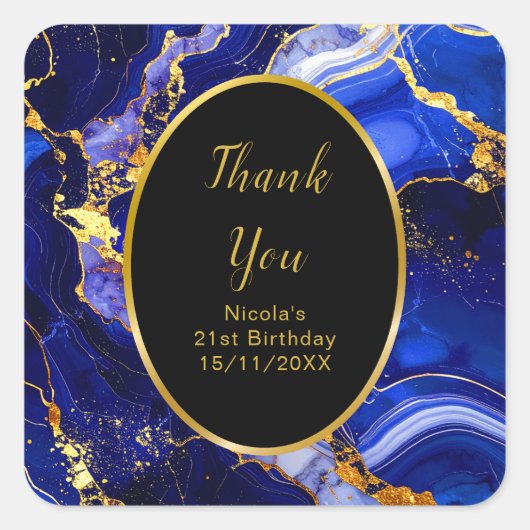 Royal Blue and Gold Marble Agate Birthday Party スクエアシール (正面)
