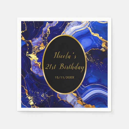Royal Blue and Gold Marble Agate Birthday Party スタンダードカクテルナプキン (正面)