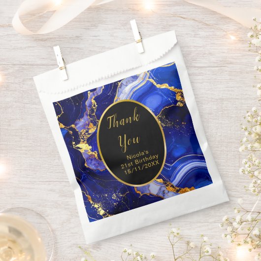 Royal Blue and Gold Marble Agate Birthday Party フェイバーバッグ (クリップ留めされた状態)