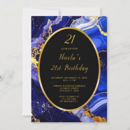 Royal Blue and Gold Marble Agate Birthday Party 招待状