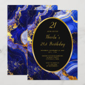 Royal Blue and Gold Marble Agate Birthday Party 招待状 (正面/裏面)