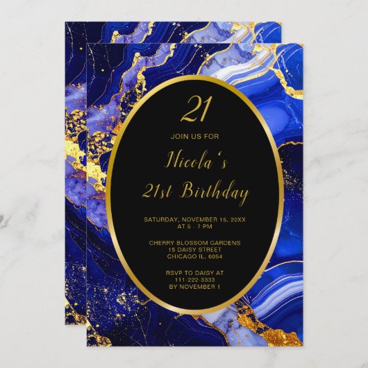 Royal Blue and Gold Marble Agate Birthday Party 招待状 (正面/裏面)