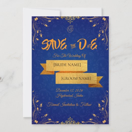 Royal Blue and Gold Save the Date Card セーブザデート (正面)