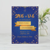 Royal Blue and Gold Save the Date Card セーブザデート (スタンド正面)
