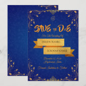 Royal Blue and Gold Save the Date Card セーブザデート (正面/裏面)