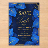Royal Blue and Gold Tropical Elegant Luxury アクリル招待状 (正面)