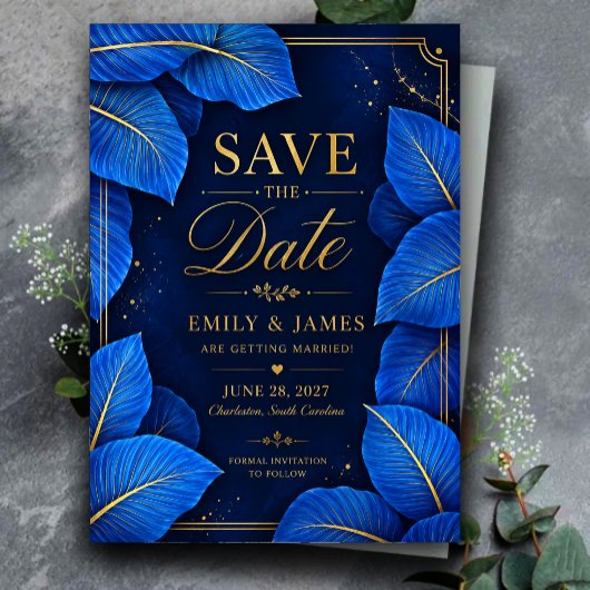 Royal Blue and Gold Tropical Elegant Luxury  セーブザデート