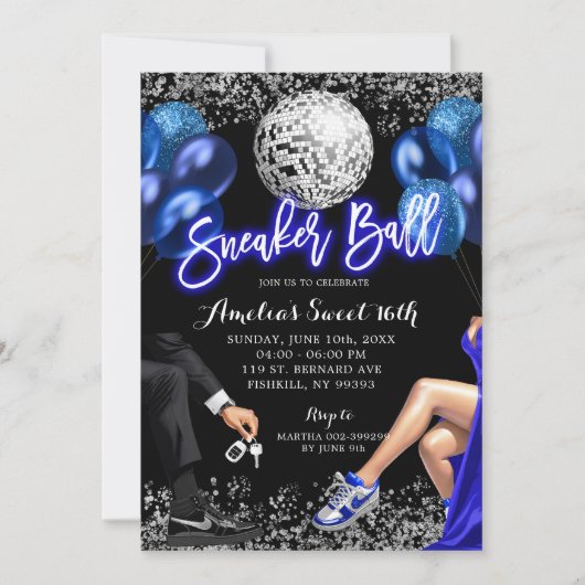 Royal Blue and Silver Disco Sneaker Ball Birthday 招待状 (正面)