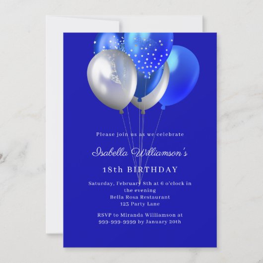 Royal blue balloons birthday 招待状 (正面)