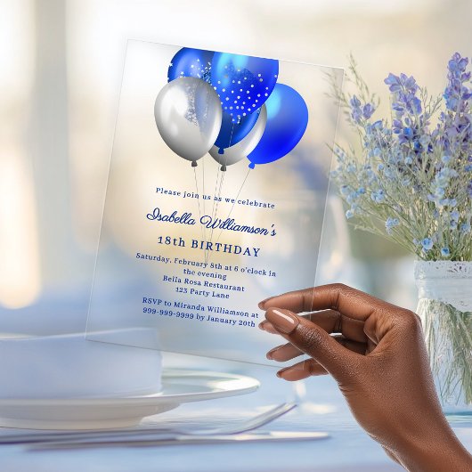 Royal blue balloons clear luxury birthday アクリル招待状