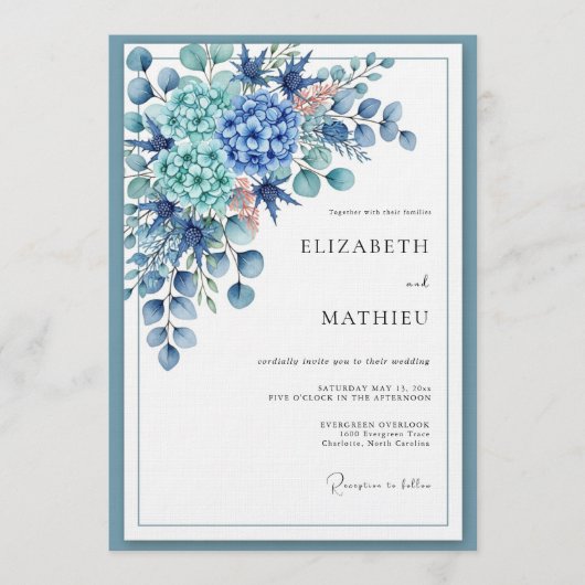 Royal Blue Botanical Romance Wedding 招待状 (正面)