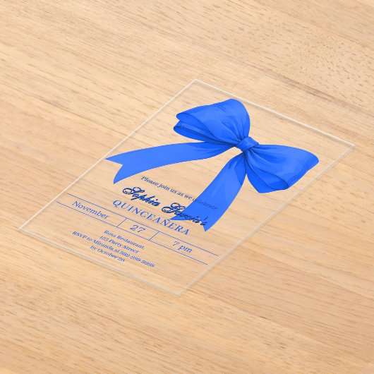Royal blue bow Quinceanera アクリル招待状 (レイダウン)