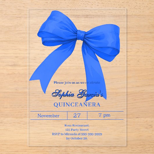 Royal blue bow Quinceanera アクリル招待状 (正面)