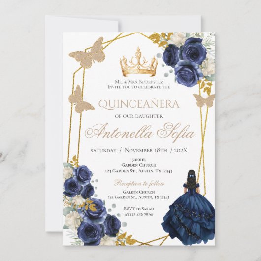 Royal Blue Butterflies Quinceanera Invitation 招待状 (正面)