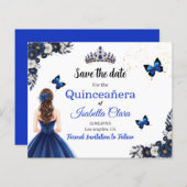 Royal Blue Butterfly Quinceañera Save the Date (正面/裏面)