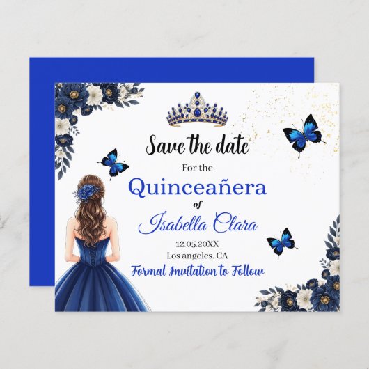 Royal Blue Butterfly Quinceañera Save the Date (正面/裏面)