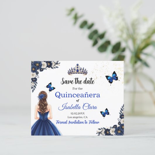 Royal Blue Butterfly Quinceañera Save the Date (スタンド正面)