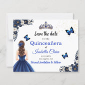 Royal Blue Butterfly Quinceañera Save the Date (正面)
