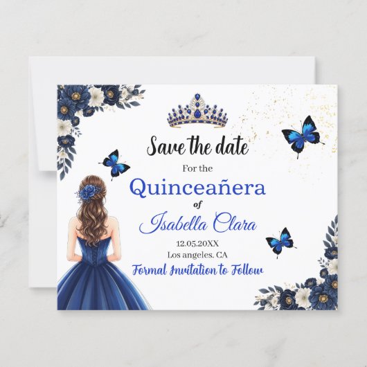 Royal Blue Butterfly Quinceañera Save the Date (正面)