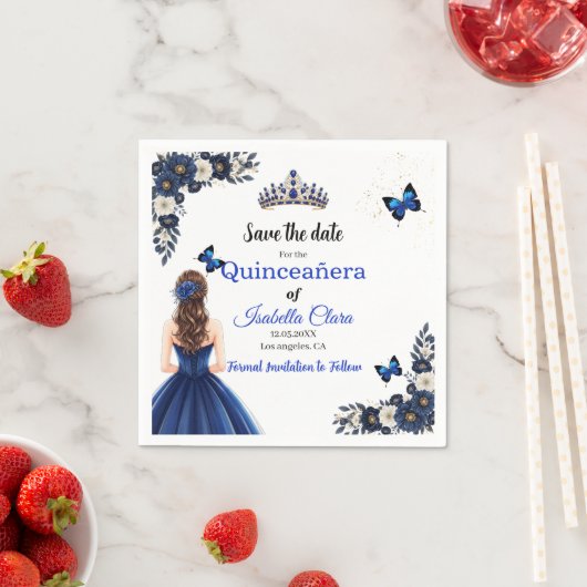 Royal Blue Butterfly Quinceañera Save the Date スタンダードカクテルナプキン (インサイチュ)