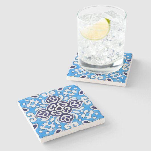 Royal Blue Ceramic Classic Geometric Mosaic ストーンコースター (横)