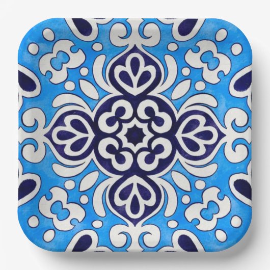 Royal Blue Ceramic Classic Geometric Mosaic  ペーパープレート (正面)