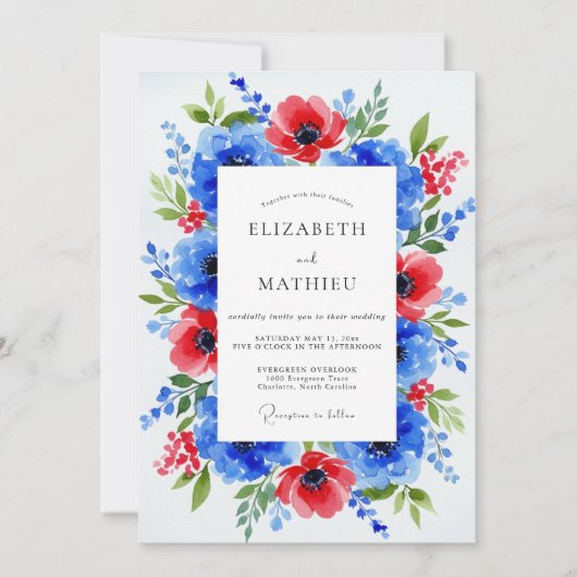 Royal Blue Dramatic Botanical Wedding 招待状 (正面)