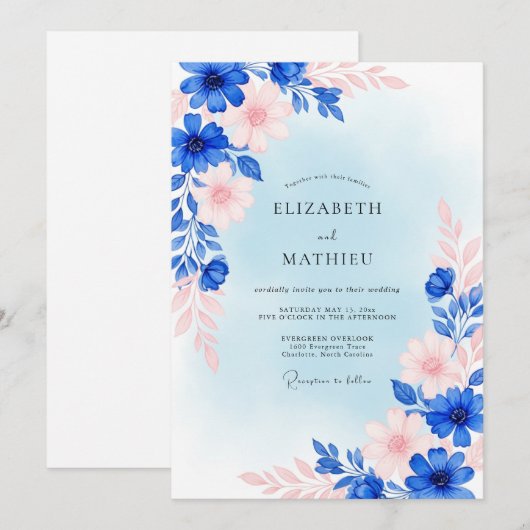 Royal Blue Dreamy Spring Wedding 招待状 (正面/裏面)