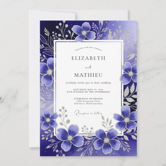 Royal Blue Ethereal Floral Wedding 招待状 (正面)