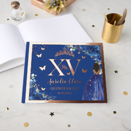 Royal Blue Floral Brown Girl Quinceañera Rose Gold ゲストブック