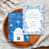 Royal Blue Floral Garden Arch RSVP QR Code Wedding 招待状