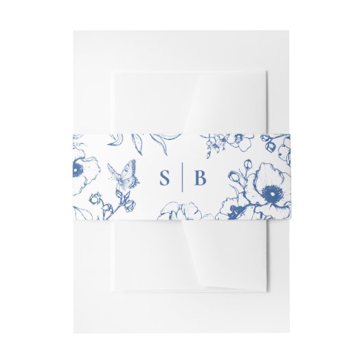 Royal Blue Floral Garden Monogram Wedding 招待状ベリーバンド (正面例)