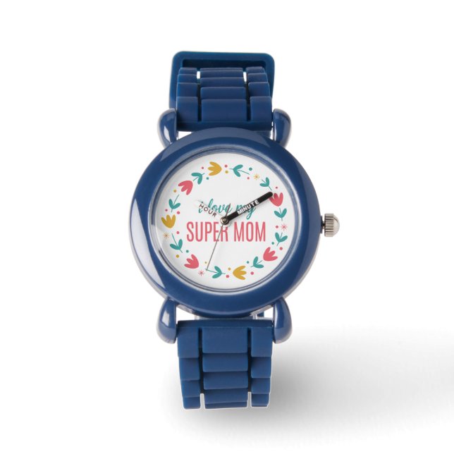 Royal Blue Floral I Love My Super Mom Wrist Watch 腕時計 (正面)
