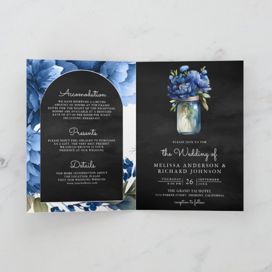 Royal Blue Floral Mason Jar QR Code Black Wedding 招待状 (内部)