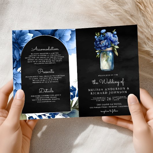 Royal Blue Floral Mason Jar QR Code Black Wedding 招待状