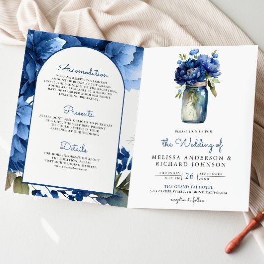 Royal Blue Floral Mason Jar QR Code Wedding 招待状