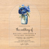Royal Blue Floral Mason Jar Wedding アクリル招待状 (正面)