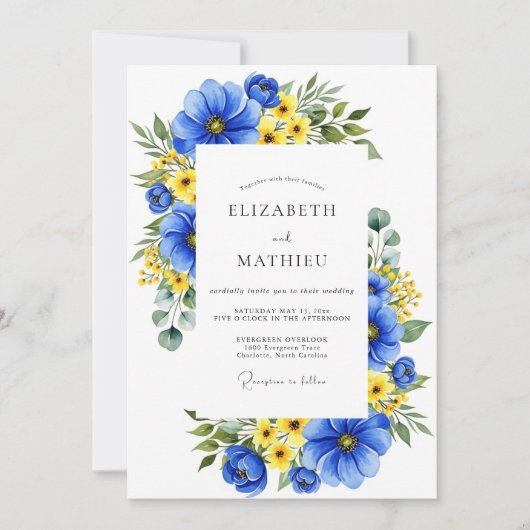 Royal Blue Floral Meadow Wedding 招待状 (正面)