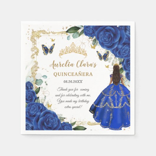 Royal Blue Floral Princess Gold Quinceañera 15 スタンダードカクテルナプキン (正面)