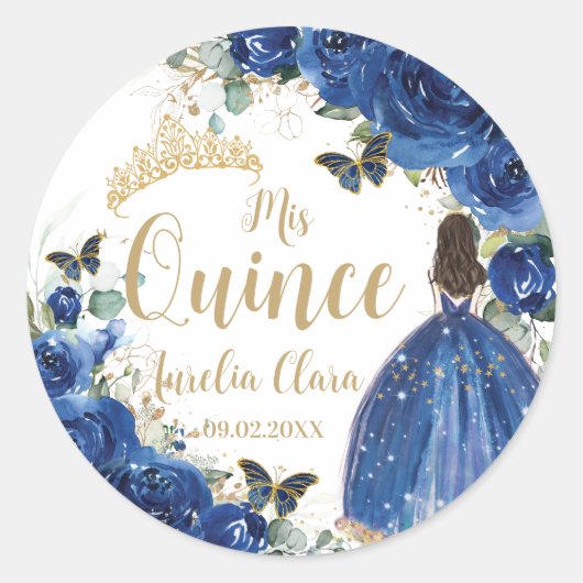 Royal Blue Floral Princess Gold Quinceañera Quince ラウンドシール (正面)