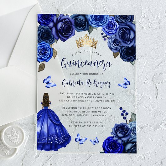 Royal Blue Floral Quinceañera アクリル招待状