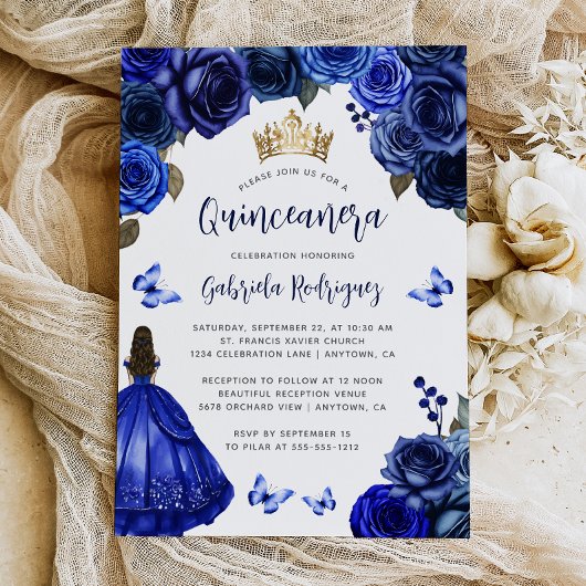 Royal Blue Floral Quinceañera 招待状
