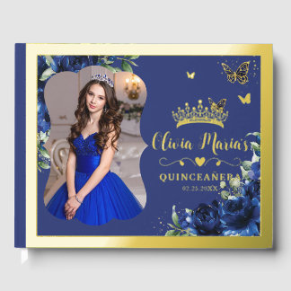 Royal Blue Floral Quinceanera 15 Sweet 16 Photo ゲストブック
