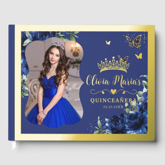 Royal Blue Floral Quinceanera 15 Sweet 16 Photo ゲストブック (正面)